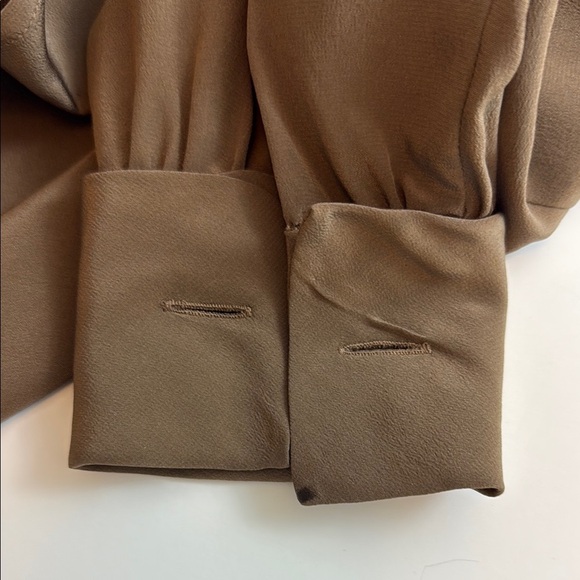 Vintage Calvin Klein Brown Ruffled 100% Silk Blouse with Cuffed Sleeves Small - Picture 6 of 8